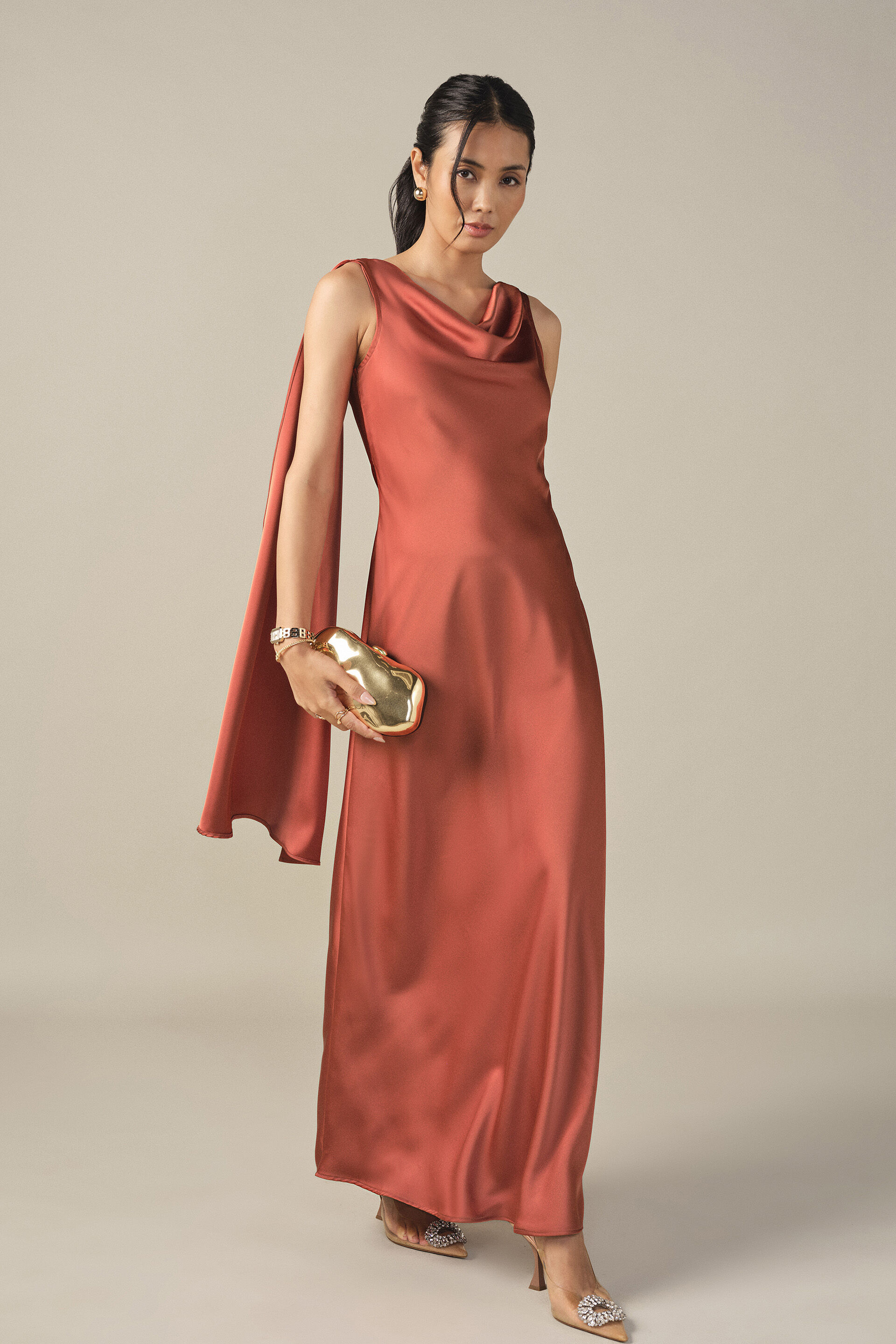 Cowl Maxi Satin Gown in Rust, Rust, image 3